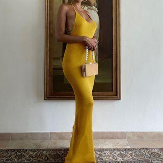 Halter-neck Open-back Plain Maxi Dress