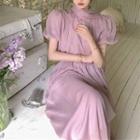 Puff-sleeve High-neck Shirred Blouse / Midi A-line Skirt