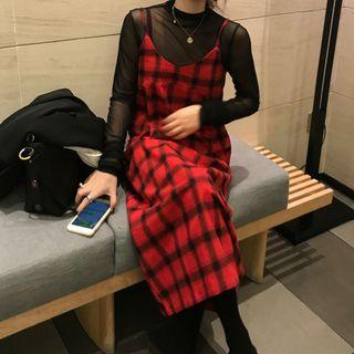 Midi Plaid Pinafore Dress / Long-sleeve Mesh Top