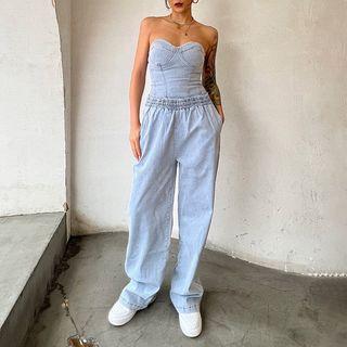 Set: Strapless Denim Top + High Waist Wide Leg Jeans