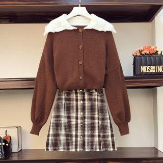 Cardigan / Plaid Mini A-line Skirt / Set