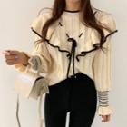 Ruffle Trim Lace-up Ruched Cable-knit Sweater Almond - One Size