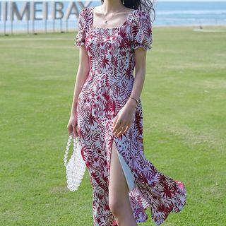 Square-neck Floral Slit Midi A-line Dress