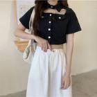 Short-sleeve Cutout Button-up Crop Top / Midi A-line Skirt