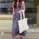 Mock-neck Plain T-shirt / Pleat Floral Pinafore Dress