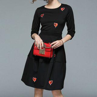 3/4-sleeve Heart Embroidery A-line Dress