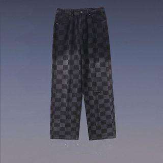 Checkerboard Washed Straight Leg Jeans