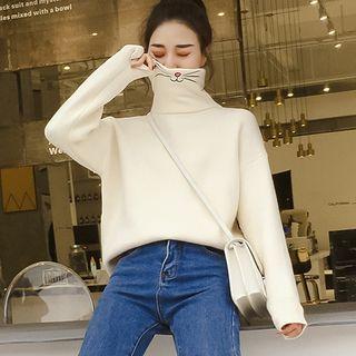 Cat Embroidery Turtleneck Sweater