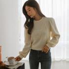 Puff-sleeve Lace-trim Embossed Blouse Cream - One Size