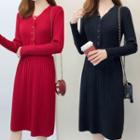 Long-sleeve Buttoned Lace Trim Knit A-line Midi Dress