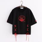 Short-sleeve Embroidered Lace-up T-shirt Black - One Size