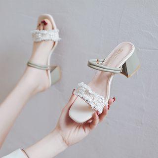 Faux Pearl Tweed Chunky Heel Slide Sandals