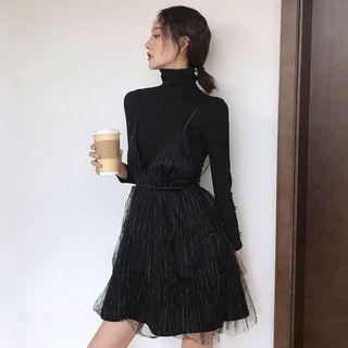 Set: Long-sleeve Knit Top + Pinstriped Mesh Panel Pinafore Dress