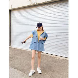 Hooded Sleeveless Oversized Denim Jacket Blue - One Size