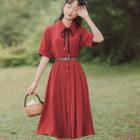 Short-sleeve Midi A-line Shirt Dress / Scarf / Set