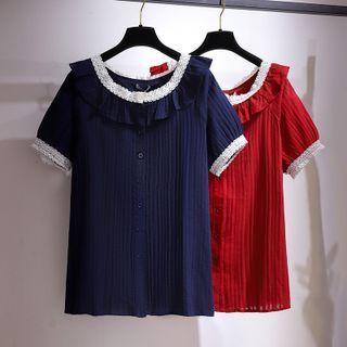 Short Sleeve Ruffled Lace Panel Blouse