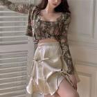 Long-sleeve Floral Cardigan / Floral Tube Top / High-waist Plain Bow Skirt