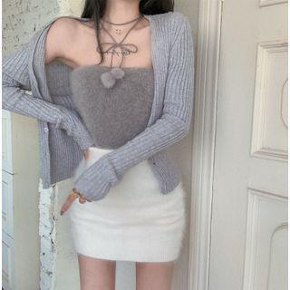 Fluffy Tube Top / Cardigan / Mini Skirt