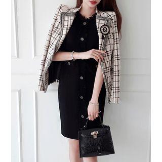 Contrast-trim Hook-and-eye Plaid Blazer