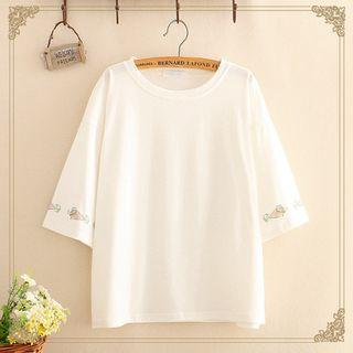 3/4-sleeve Fish Embroidery T-shirt