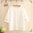 3/4-sleeve Fish Embroidery T-shirt
