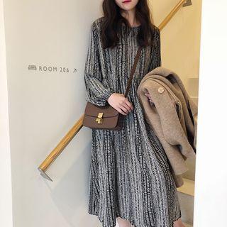 Printed Long-sleeve Midi Shift Dress / Camisole