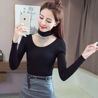 Set: Rhinestone Fringe Knit Choker + Rib Knit Top