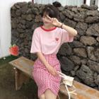 Short-sleeve Strawberry Print T-shirt / Midi Plaid A-line Skirt