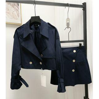 Set: Double-breasted Cropped Trench Coat + Mini A-line Skirt