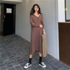 V-neck Balloon-sleeve Midi Knit Dress