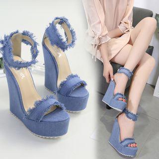 Frayed Denim Wedge Sandals