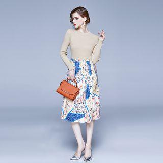 Set: Long-sleeve Knit Top + Patterned Midi A-line Skirt