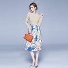 Set: Long-sleeve Knit Top + Patterned Midi A-line Skirt