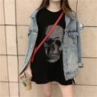 Skull-rhinestone Loose T-shirt Black - One Size