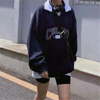 Lettering Collar Loose Fit Long-sleeve Sweatshirt Navy Blue - One Size