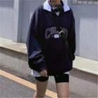 Lettering Collar Loose Fit Long-sleeve Sweatshirt Navy Blue - One Size