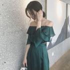 Set: Plain Ruffle Trim Off Shoulder 3/4 Sleeve Top + Midi Skirt