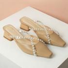 Block Heel Faux Pearl Pvc Strap Pointed Mules