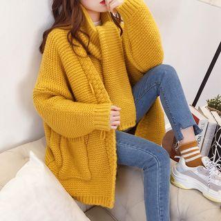 Chunky Knit Toggle Long Cardigan / Set: Chunky Knit Toggle Long Cardigan + Scarf