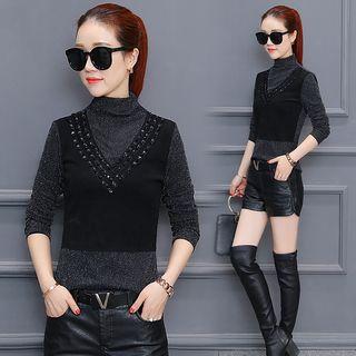 Long-sleeve Mock-neck Embellished Top