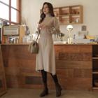 Turtle-neck Puff-sleeve Midi Flare Knit Dress