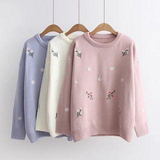 Floral Embroidered Round Neck Sweater