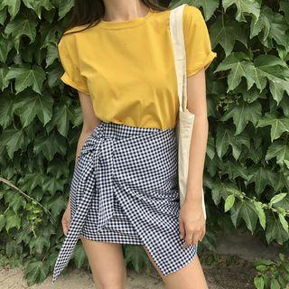 Short-sleeve Plain T-shirt / Mini Plaid Sheath Skirt