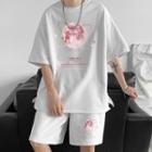 Set: Short-sleeve Moon Print T-shirt + Sweatshorts