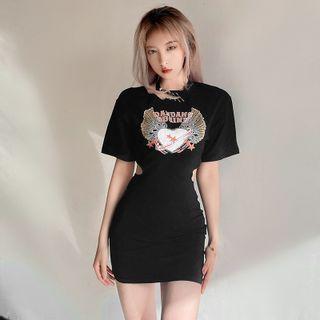 Short-sleeve Graphic Print Cutout Mini Bodycon Dress