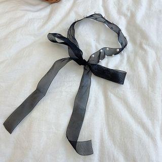 Faux Pearl Ribbon Hair Tie Dark Gray - One Size