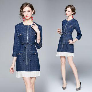 3/4-sleeve Patterned Zip-up Denim Sheath Dress
