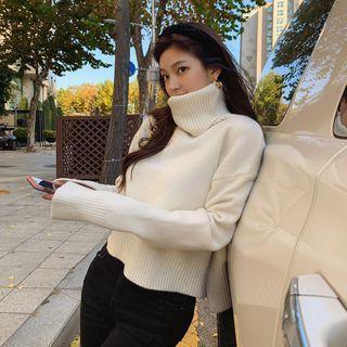 Turtle-neck Slit-side Cropped Sweater