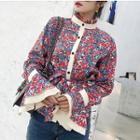 Stand Collar Floral Print Contrast-trim Blouse