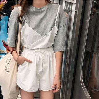 Set: Mock Two-piece Elbow-sleeve T-shirt + Wide-leg Shorts T-shirt - Gray - One Size / Shorts - White - One Size